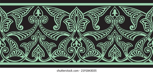 Ornamento oriental verde sin fisuras vectorial. Frontera interminable con patrones árabes, marco. Pintura persa.