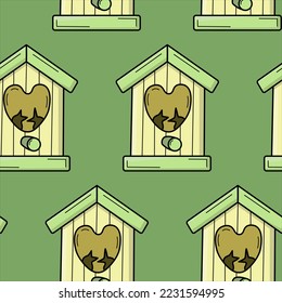Vector seamless green pattern with birdhouse. Summer, spring,nature, paper, office supplies, web design.