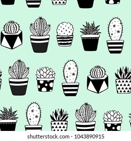 Vector seamless green pattern. Hand drawn plants in pots on green. Decorated cactus and succulents vector background. Brush Doodle cute house interior plants. Vector graphic illustration