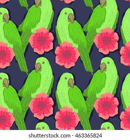 vector seamless green pattern parrots and flowers 