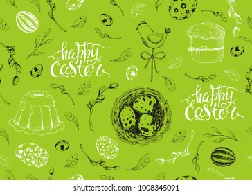 Vector seamless green pattern. Vintage black and white background with engraving elements: eggs, willow, nest and cake. Hand drawn sketch. Handwritten inscription Happy Easter. Brush lettering.