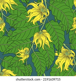 VECTOR SEAMLESS GREEN PATTERN WITH YELLOW YLANG-YLANG FLOWERS ON GREEN BRANCHES