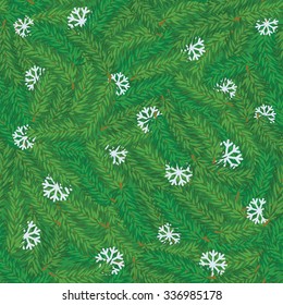 Vector seamless green pine branch with white snowflakes chaotic background. Winter pattern