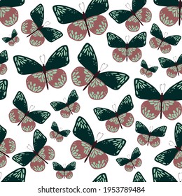 Vector seamless green and pink color
 butterflies pattern