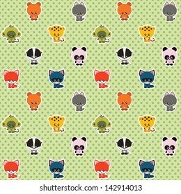 Vector seamless green polka dot pattern with little cute animals