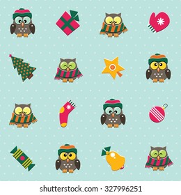 Vector seamless green polka dot pattern with christmas decorations and little cute owls dressed scarfs and hats. Can be used for wrapping paper.