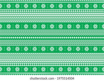 Vector seamless green winter ornament for sweater and fabric with snowflakes. Ornament of the northern peoples. Background for printing