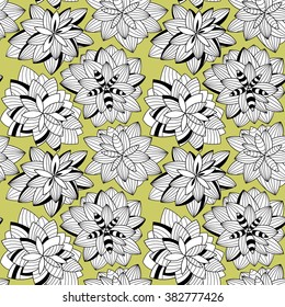 Vector seamless green,black and white doodle outline pattern with abstract  leaves and flowers. Spring, summer fashion floral print.