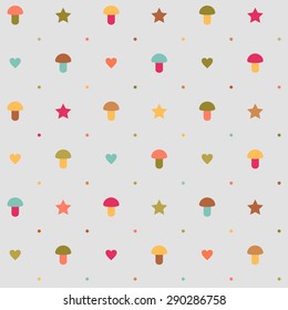 vector seamless grey pattern with mushrooms, stars and hearts