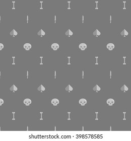 Vector seamless grey texture. Minimalistic skull pattern. Knifes. Bones. Spades. Cartoon skull. Flat. Minimalism. Grey wallpaper. Evil background, Spooky. Funny skull. Colorless. 