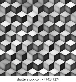 Vector Seamless Greyscale Gradient Cube Shape Rhombus Grid Pattern. Abstract Geometric Background Design