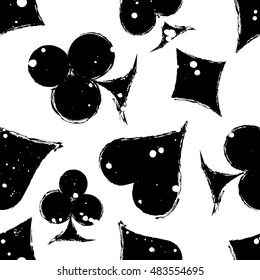 Vector seamless grunge pattern. Black and white graphic illustration of sign of playing card with ink blot, brush strokes. Endless background. Series of gaming and gambling seamless vector patterns.