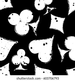 Vector seamless grunge pattern. Grungy graphic illustration of sign of playing card with ink blot, brush strokes. Endless background. Series of gaming and gambling seamless vector patterns.