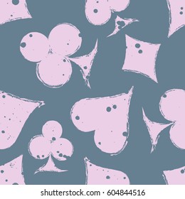 Vector seamless grunge pattern. Grungy graphic illustration of sign of playing card with ink blot, brush strokes. Endless background. Series of gaming and gambling seamless vector patterns.