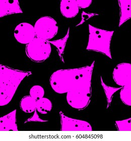 Vector seamless grunge pattern. Grungy graphic illustration of sign of playing card with ink blot, brush strokes. Endless background. Series of gaming and gambling seamless vector patterns.