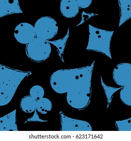 Vector seamless grunge pattern. Grungy graphic illustration of sign of playing card with ink blot, brush strokes. Endless background. Series of gaming and gambling seamless vector patterns.