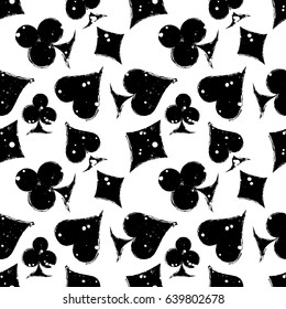 Vector seamless grunge pattern. Grungy graphic illustration of sign of playing card with ink blot, brush strokes. Endless background. Series of gaming and gambling seamless vector patterns.