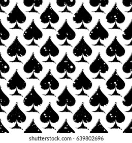 Vector seamless grunge pattern. Grungy graphic illustration of sign of playing card with ink blot, brush strokes. Endless background. Series of gaming and gambling seamless vector patterns.