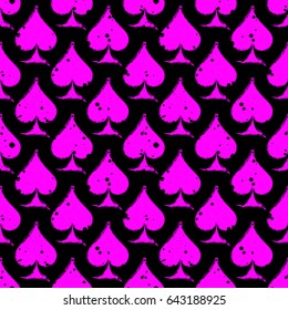 Vector seamless grunge pattern. Grungy graphic illustration of sign of playing card with ink blot, brush strokes. Endless background. Series of gaming and gambling seamless vector patterns.