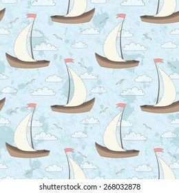 vector seamless grunge pattern with sailing ship, gulls and clouds
