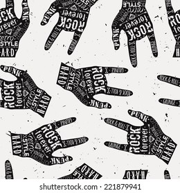 Vector seamless grunge pattern with vintage hand labels, diamonds, bones, arrows, stars and typography elements. Rock and roll style.