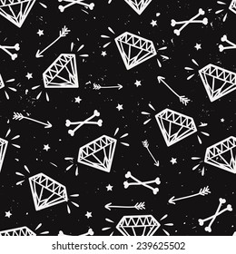 Vector seamless grunge pattern with vintage diamonds, bones, arrows and stars. Rock and roll style.