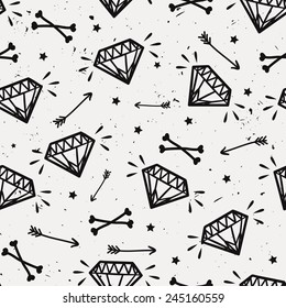 Vector Seamless Grunge Pattern With Vintage Diamonds, Bones, Arrows And Stars. Rock And Roll Style.