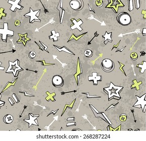 Vector seamless grunge print with stars, arrows, stains, bolts,lightnings, objects