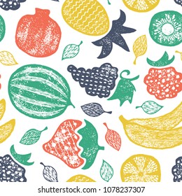 Vector seamless grunge textured pattern with fruits and leaves.