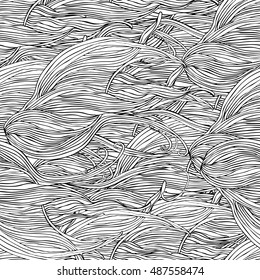 Vector seamless hair pattern with line structure. Uncolored background can be used as adult coloring book.