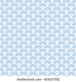 Vector Seamless Half-circle pattern. Fish-scales dotted pattern. Oriental traditional ornament. Abstract monochrome Blue and White  Background. Half-circle backdrop. 