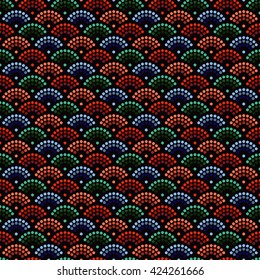 Vector Seamless Half-circle pattern. Fish-scales dotted pattern. Oriental traditional ornament in Buddhist Temple colors. Abstract colorful Background. Half-circle backdrop. Mosaic of dots.