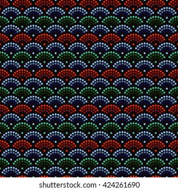 Vector Seamless Half-circle pattern. Fish-scales dotted pattern. Oriental traditional ornament in Buddhist Temple colors. Abstract colorful Background. Half-circle backdrop. Mosaic of dots.