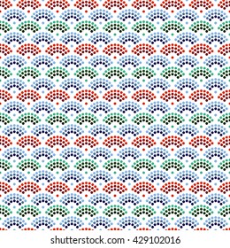 Vector Seamless Half-circle pattern. Fish-scales dotted pattern. Oriental traditional ornament in colors of ocean. Abstract Colorful Background. Half-circle backdrop. Mosaic of dots.