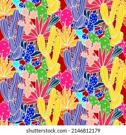 Vector seamless half-drop pattern, with cactus
