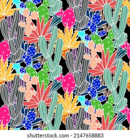 Vector seamless half-drop pattern, with cactus