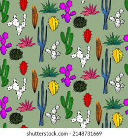 Vector seamless half-drop pattern, with cactus
