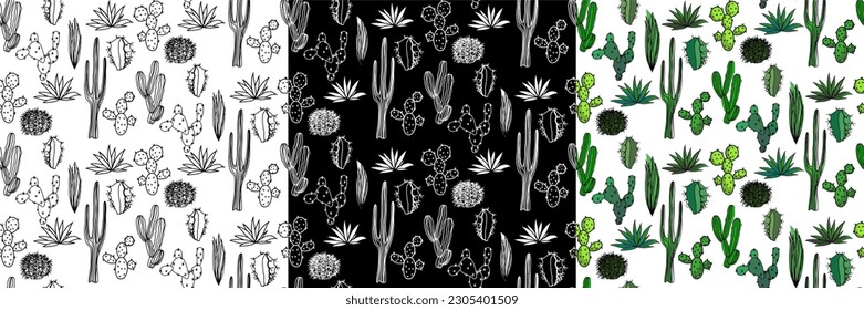 Vector seamless half-drop pattern, with cactus