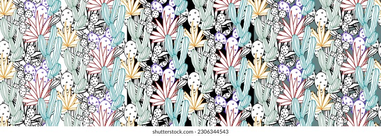 Vector seamless half-drop pattern, with cactus