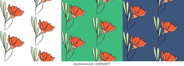 Vector seamless half-drop pattern, with  flowers