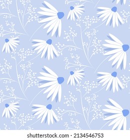 Vector seamless half-drop pattern, with leaves and daisy