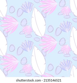 Vector seamless half-drop pattern, with leaves and flowers