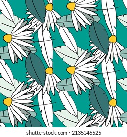 Vector seamless half-drop pattern, with leaves and daisy