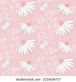 Vector seamless half-drop pattern, with leaves and daisy