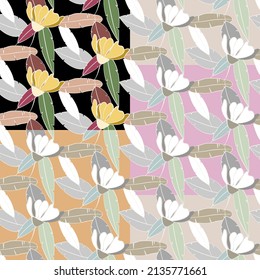 Vector seamless half-drop pattern, with leaves and flowers