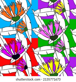 Vector seamless half-drop pattern, with leaves and flowers