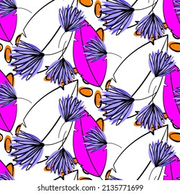 Vector seamless half-drop pattern, with leaves and flowers
