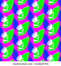 Vector seamless half-drop pattern, with leaves and flowers