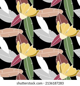 Vector seamless half-drop pattern, with leaves and flowers