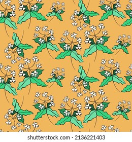 Vector seamless half-drop pattern, with leaves and flowers